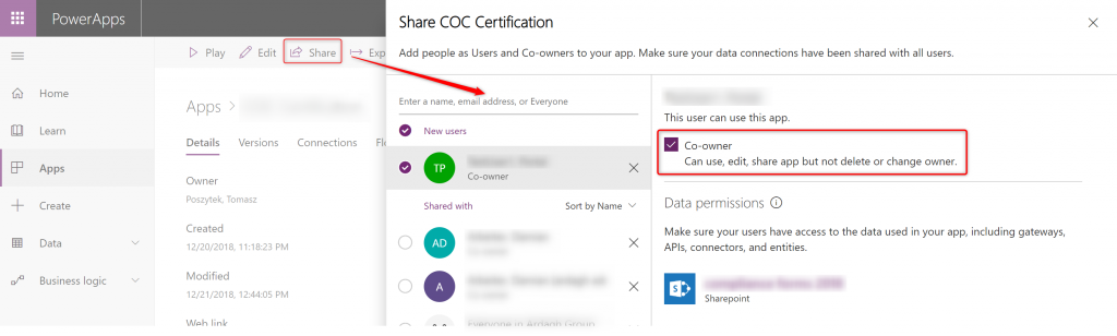 Sharing PowerApps app with user as "Co-owner"