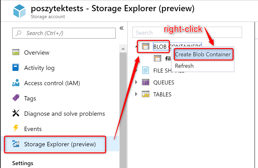 Creating new blob container in Azure Portal