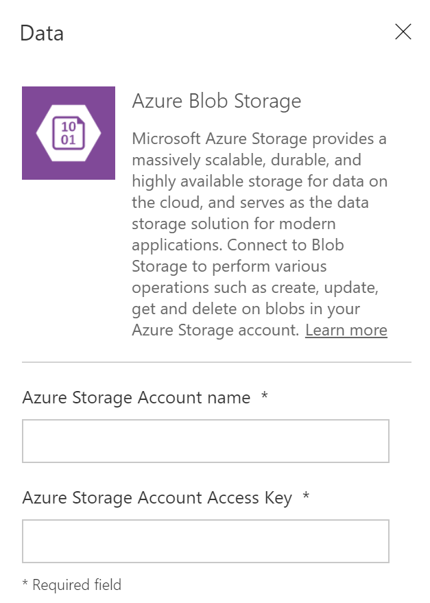 Wymagane dane dla utworzenia połączenia do źródła danych Azure Blob Storage w PowerApps