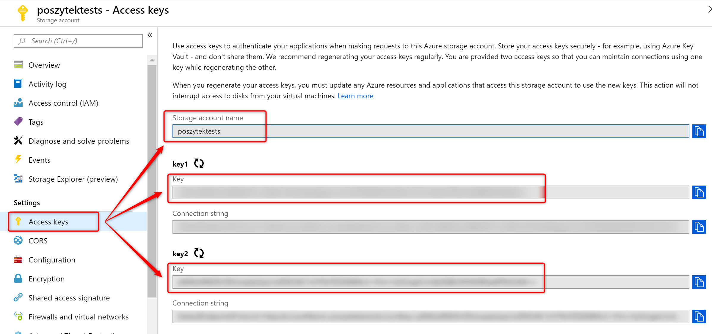 Azure Blob Storage name and access keys