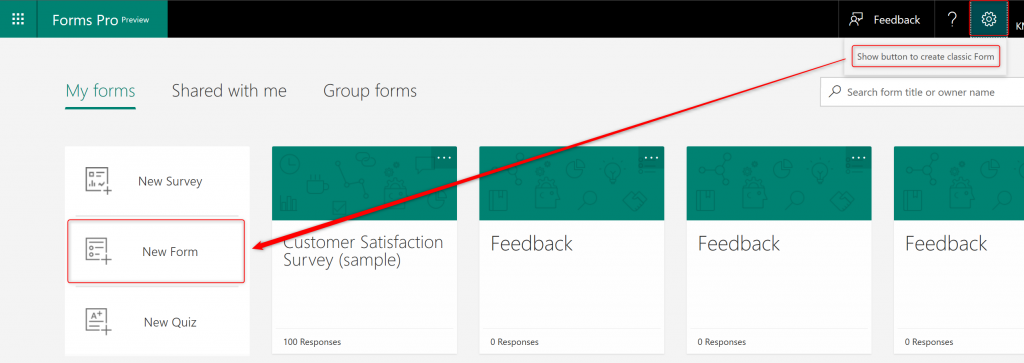 Classic Form in Microsoft Forms Pro