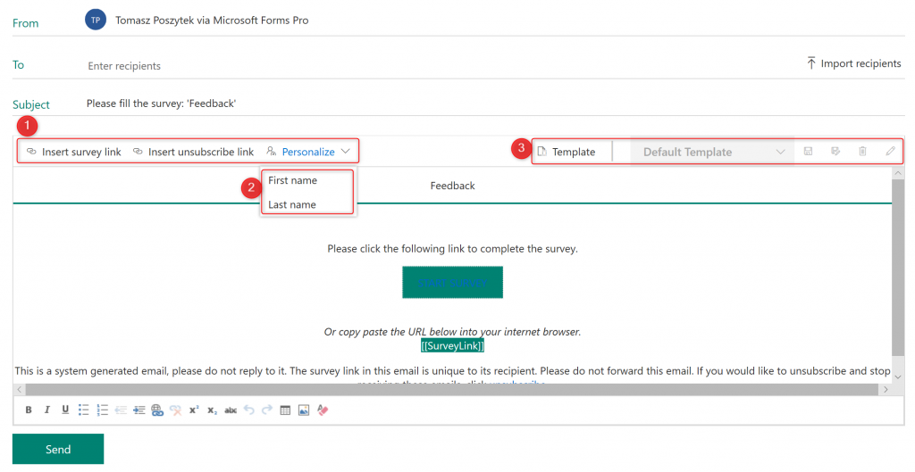Creating new e-mail template in Microsoft Forms Pro