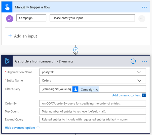 Getting orders from Campaign, from Dynamics 365 in Microsoft Flow