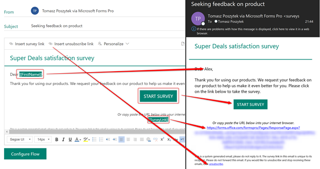 Sent e-mail with placeholders replaced by actual values from Dynamics 365