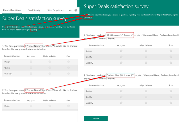 Survey quesitons and answers placeholders replaced by actual values from Dynamics 365