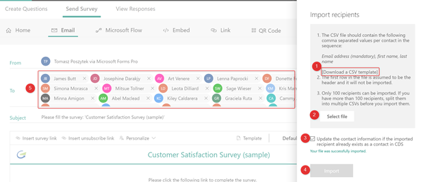 Importing recipients for e-mail invitation in Microsoft Forms Pro