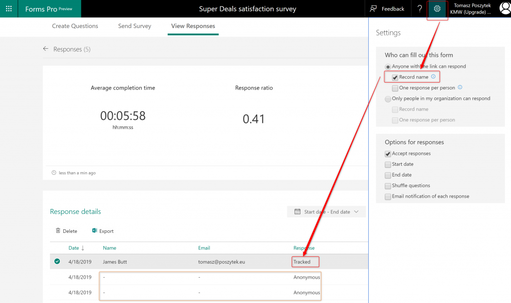 Enabling tracking of responses in Microsoft Forms Pro