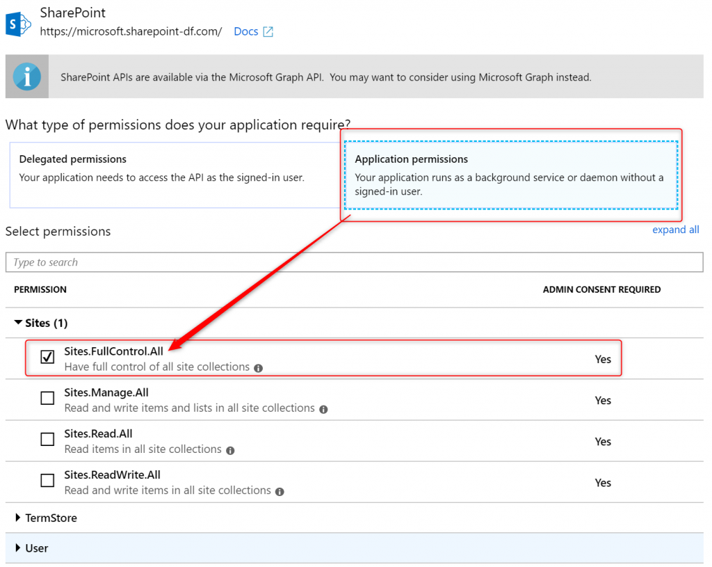 Granting application permissions to SharePoint in AAD