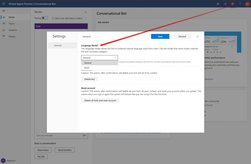 Setting language model for the bot