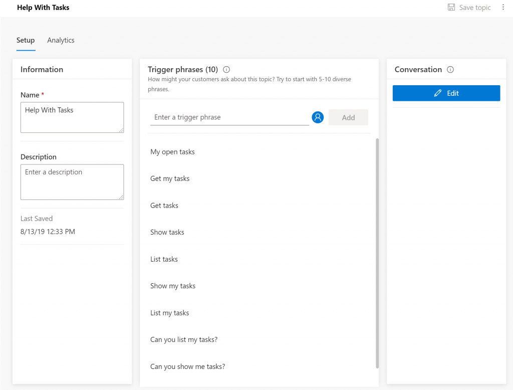 Defining trigger phrases in Virtual Agent topic