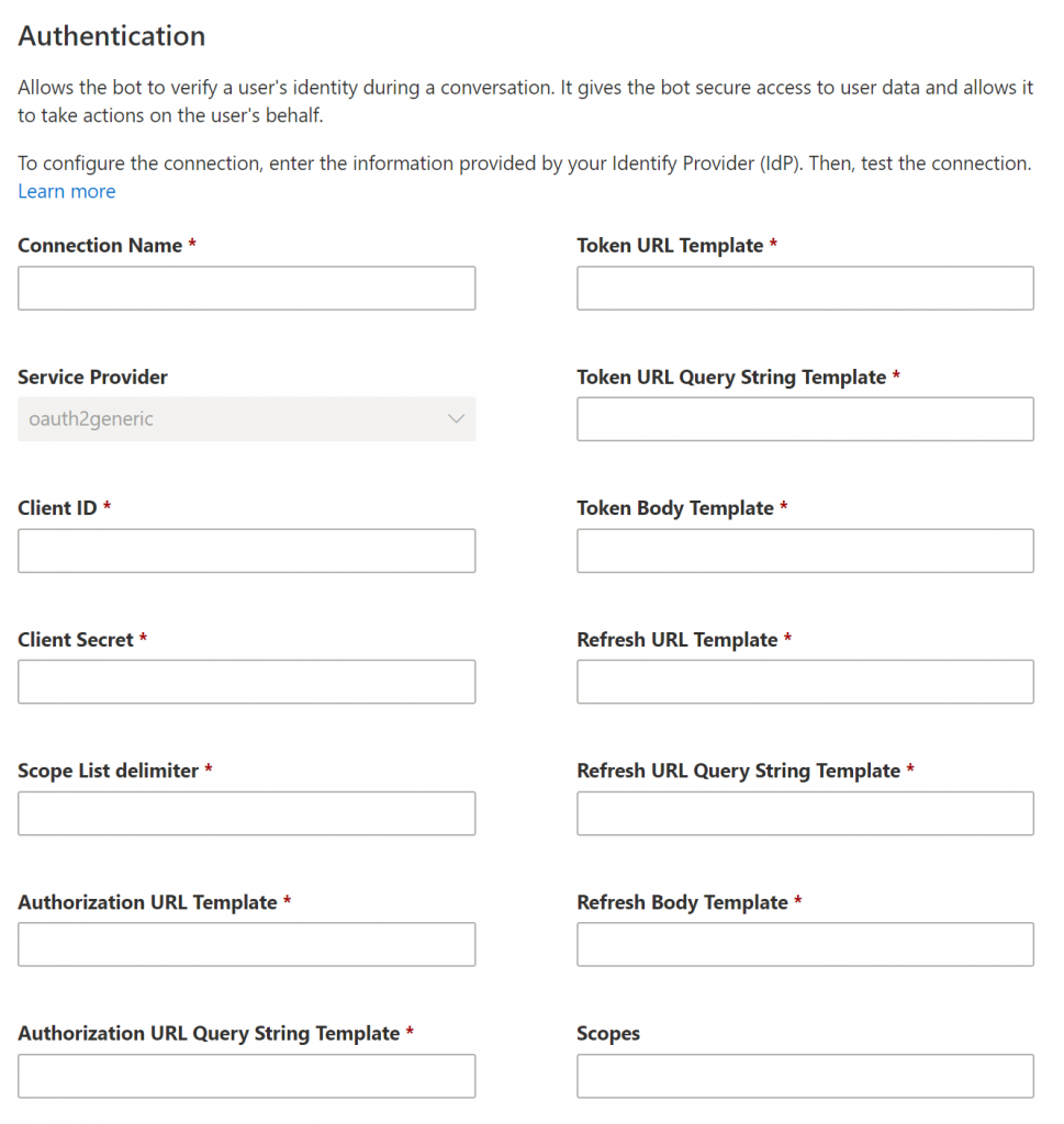 Power Virtual Agent authentication configuration