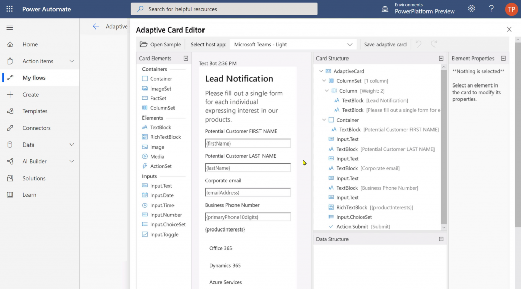 Adaptive Cards designer displayed as a blade inside Power Automate