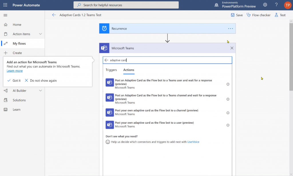 New actions in Power Automate to post Adaptive Card to Teams and wait for response