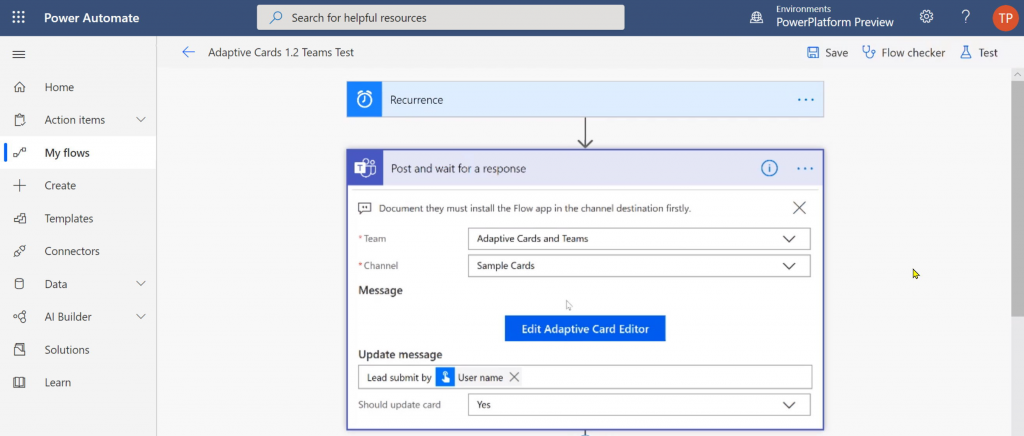 Adaptive Cards designer inside Power Automate action's configuration
T