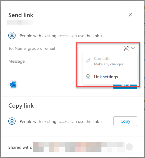 Can edit disabled in "Send link" sharing feature
