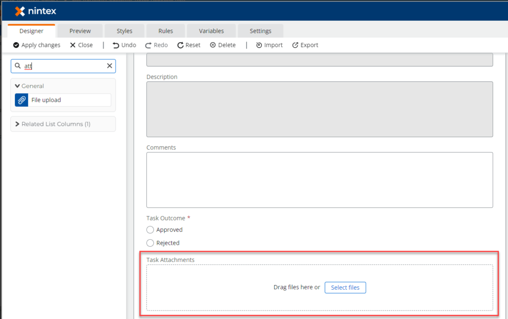 Attachments control in Nintex for Office 365 form designer