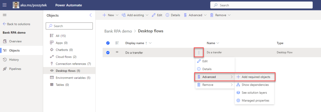 Add required objects for a desktop flow