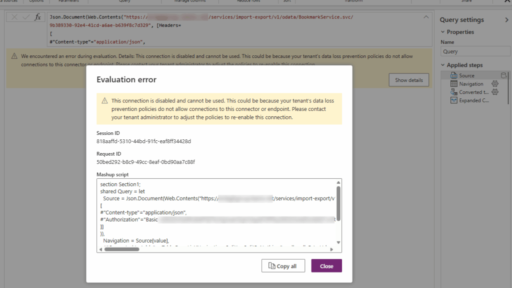 Disabled connection in a Dataflow, affected by a DLP policy.